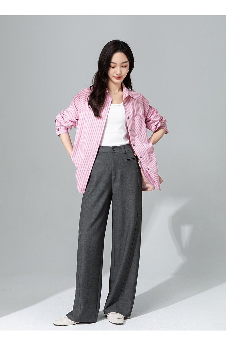 Áo sơ mi nữ dài tay phong cách vintage Pháp họa tiết sọc hồng, form rộng thoải mái — bột chi tiết 26