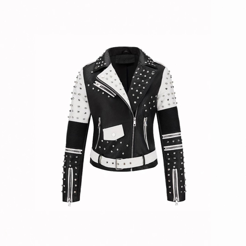 Cross-Border Black and White Contrasting Rivet Motorcycle Leather Jacket Metal Zipper Multi-Flap Pocket Pants Slim Rock Style Jacket Cross-Border Black and White Contrasting Rivet Motorcycle Leather Jacket Metal Zipper Multi-Flap Pocket Pants Slim Rock Style Jacket