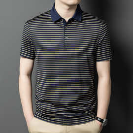 夏季桑蚕丝男式T恤短袖新款中年时尚条纹真丝体恤男休闲半袖上衣