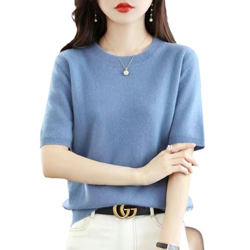 Spring and Autumn Round Collar Short Sleeve Women's Wool Sweater Loose and Slimming Half Sleeve Knit Top Versatile Thin Middle Sleeve Cardigan Fashion