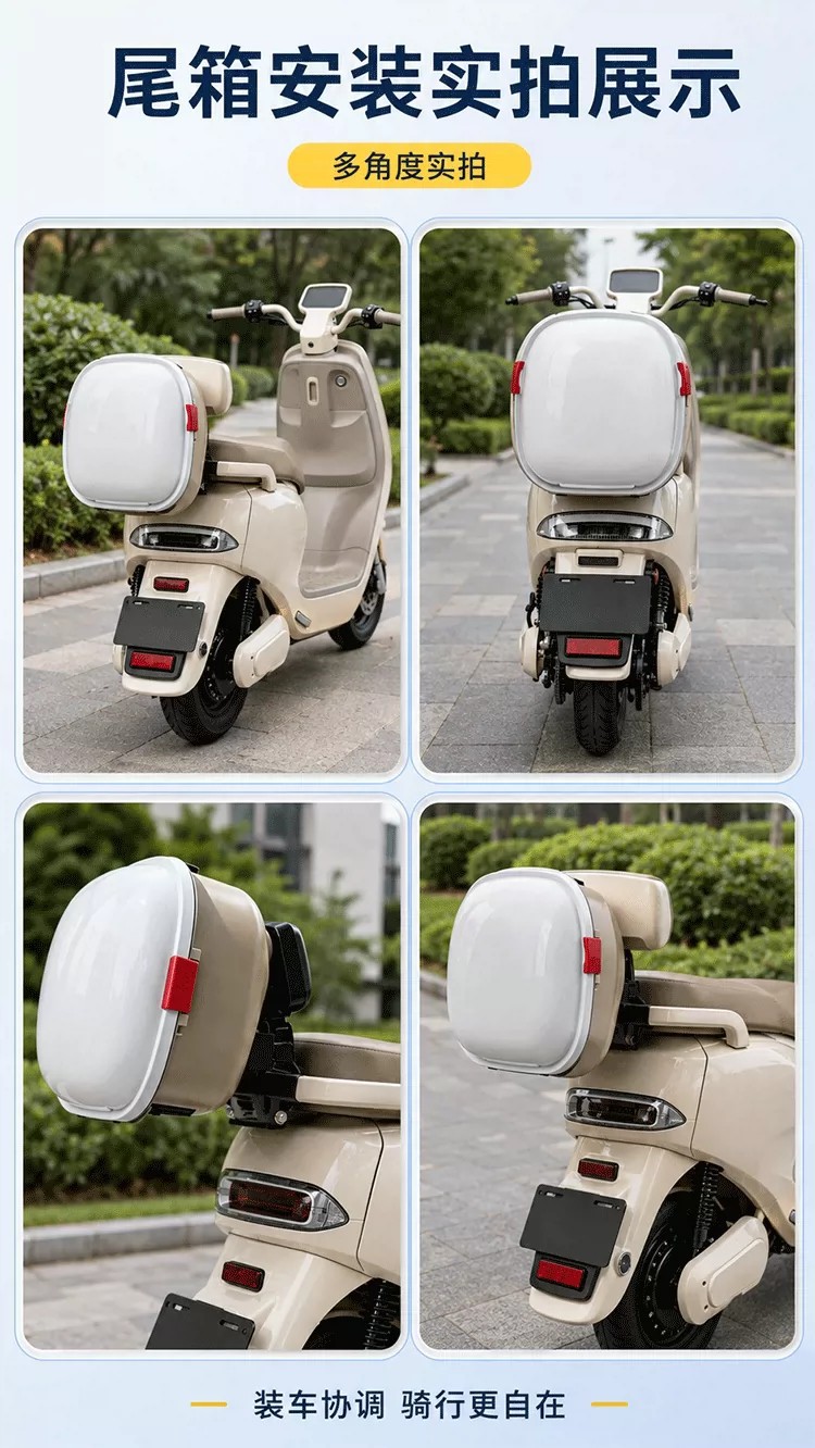 Electric scooter rear storage box, large capacity, for helmets, chargers, and other items; waterproof and dustproof; also functions as a backrest storage box for electric bikes