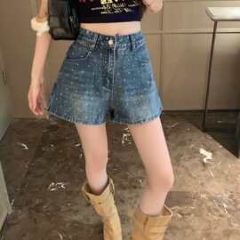 2026新款新款！高腰波点牛仔短裤女夏季侧开叉百搭显瘦A字阔腿热