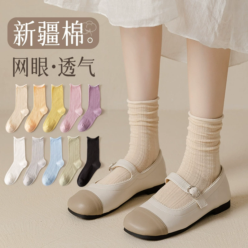 Summer thin breathable black cotton knee socks, mid-length