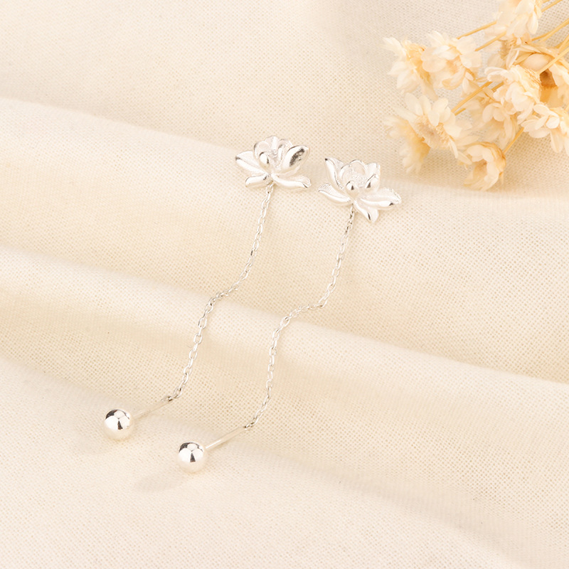 S925鍍銀蓮花耳線女2024新款設計新中式國風時尚氣質荷花耳環