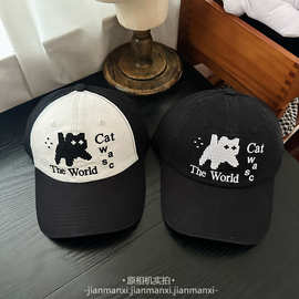 可爱马赛克猫咪字母刺绣棒球帽女新款软顶拼接户外嘻哈鸭舌帽潮