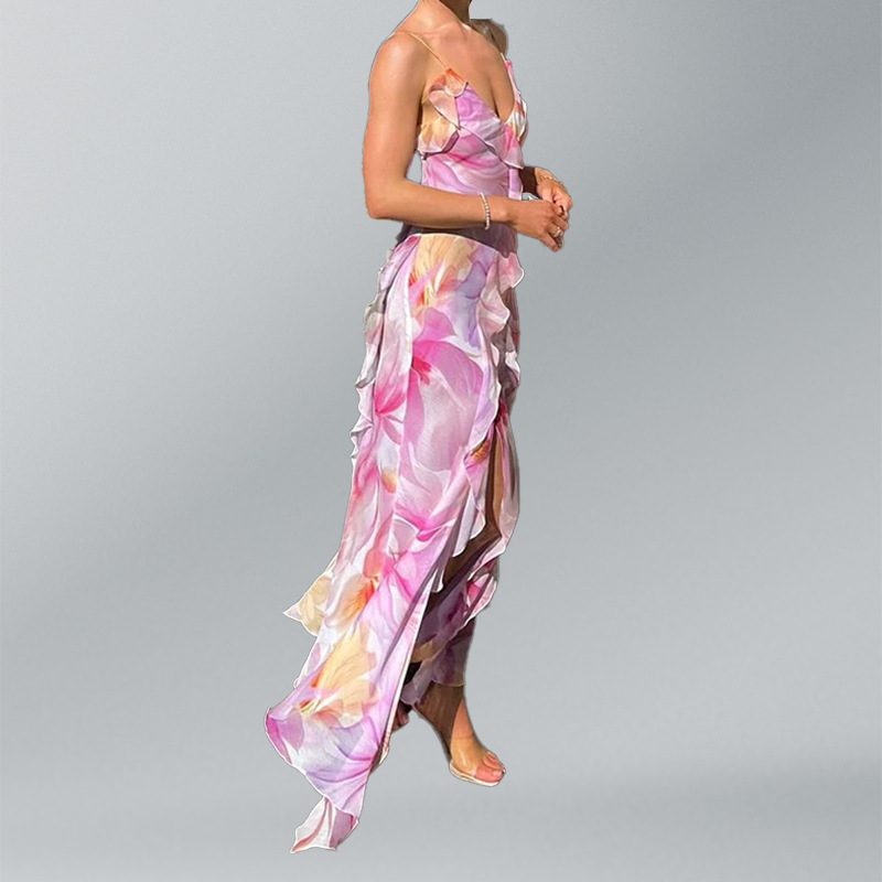Elegant Floral Maxi Dress – Women’s V-Neck Slit Dress For Vacation & Beach Getaways_ecoleips.com