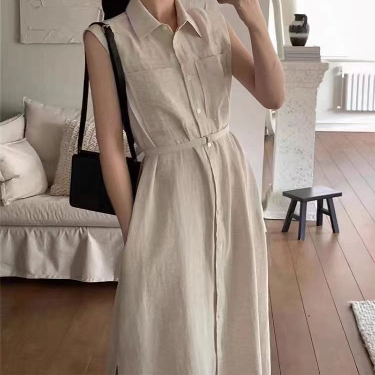 New Korean-Style Simple and Elegant Summer Sleeveless Dress, Long Shirt Dress with Waist-Cinching Design, Slimming Effect, Comes with a Belt, Sheer Fabric, New Arrival New Korean-Style Simple and Elegant Summer Sleeveless Dress, Long Shirt Dress with Waist-Cinching Design, Slimming Effect, Comes with a Belt, Sheer Fabric, New Arrival
