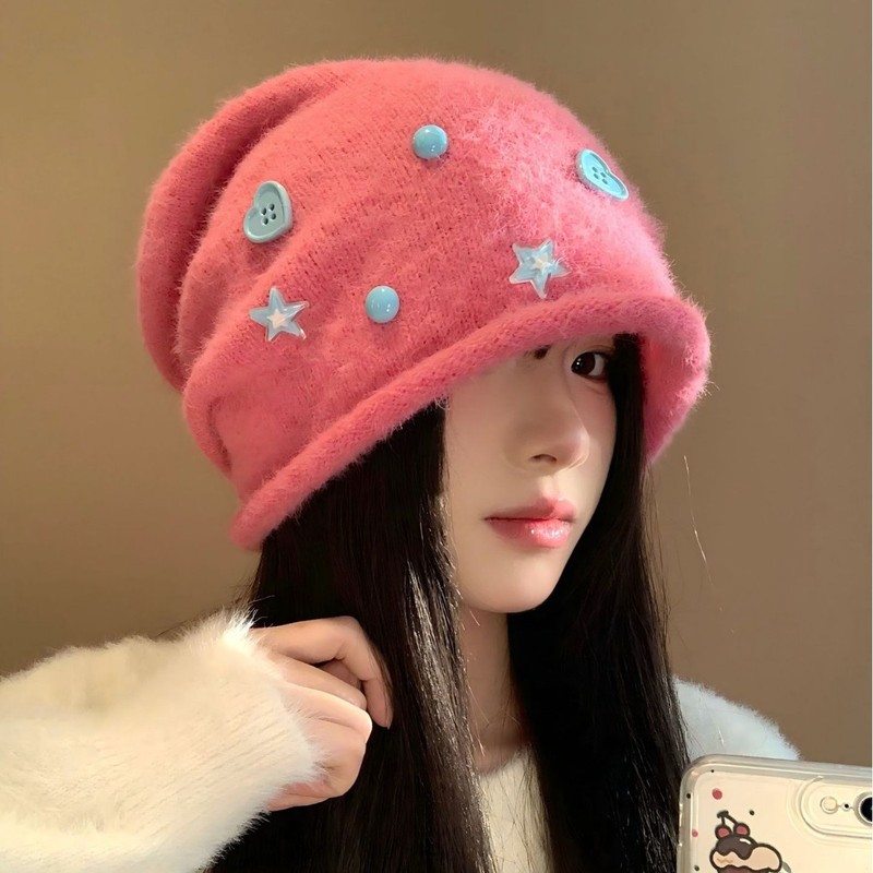日系甜美爱心纽扣星星堆堆帽女秋冬保暖大头围显脸小宽松堆堆帽子|undefined