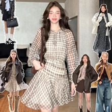法式感长袖格纹连衣裙子女早秋季5新小个子气质雪纺短裙