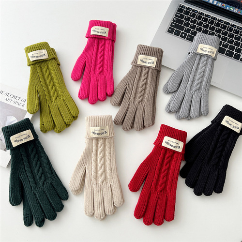 New solid color split finger gloves for winter, thickened touch screen, mobile phone riding, windproof and warm, men's and women's knitted wool