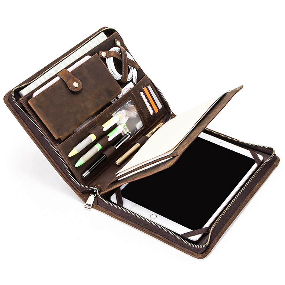 Genuine leather tablet case with embossed logo, crazy horse leather laptop bag, vintage multi-functional iPad protective case, leather bag