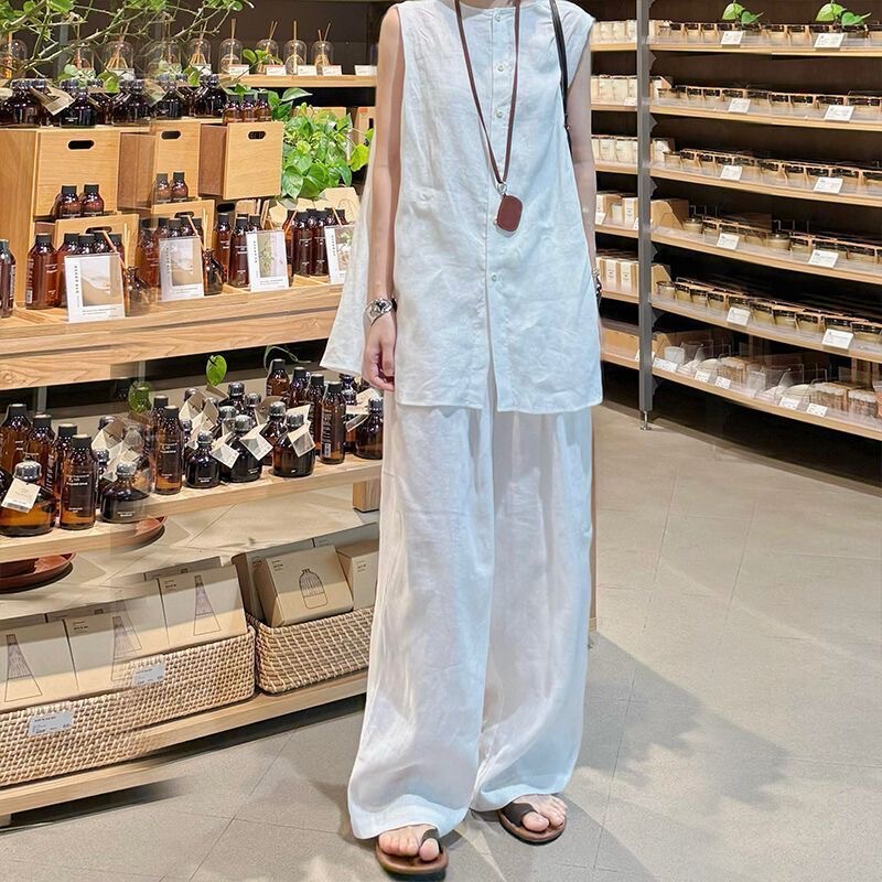 【Source Factory】Casual White Linen Set for Women, Relaxed Style Sleeveless Vest and Pants, Cotton-Linen Two-Piece Set