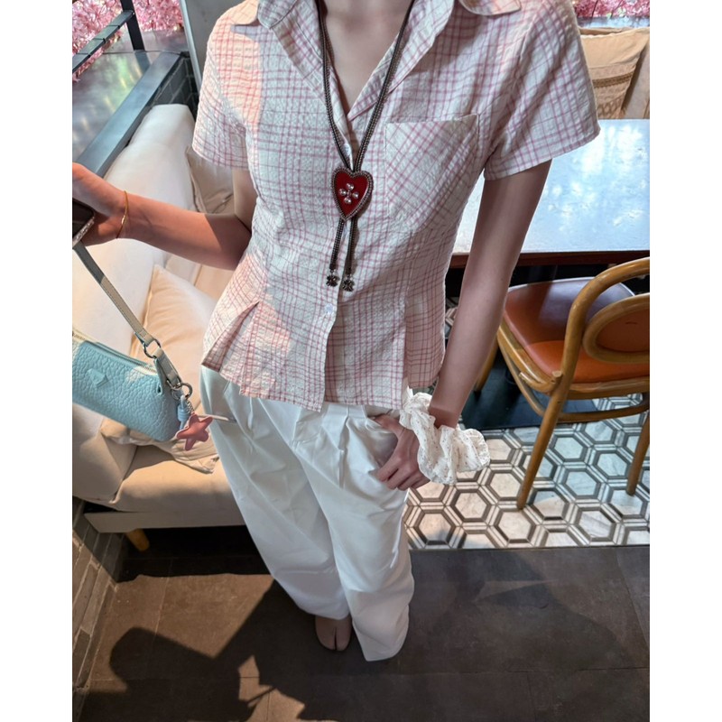 粉色格纹口袋polo领短袖衬衫女夏季学院风甜辣妹修身显瘦正肩上衣|undefined