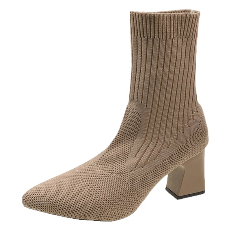 2025 秋と冬の新フライ織り厚いヒールショートブーツポインテッドトゥ弾性ソックスブーツファッションハイヒールファッションシングルブーツ卸売