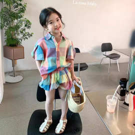 女童彩色格子套装夏季儿童洋气短袖衬衫短裤两件套女宝宝薄款夏装
