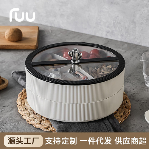 A lightweight, plastic, home-use living room storage box with a lid, a double-layer fruit bowl for snacks, a candy box, and a dry fruit bowl.