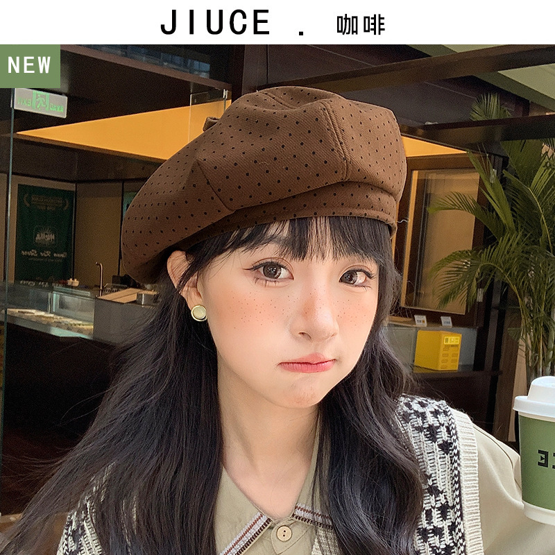 秋冬季波点磨毛贝雷帽时尚韩系百搭小圆点可爱减龄女生早秋南瓜帽|undefined