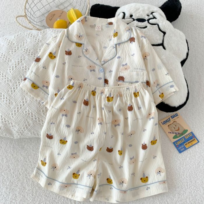 Pijama mujer nube algodón de manga corta pantalones cortos cardigan solapa de verano apertura en vivo dibujos animados transfronterizos dulce traje de servicio a domicilio