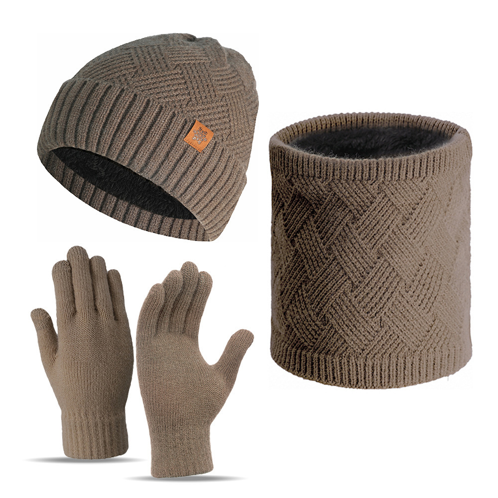 Winter Men's Knitted Hat Set: Cross-Border Cold-Proof, Warm, Fleece-Lined, Thickened Wool Hat, Neck Warmer, Gloves, and Hat Three-Piece Set
