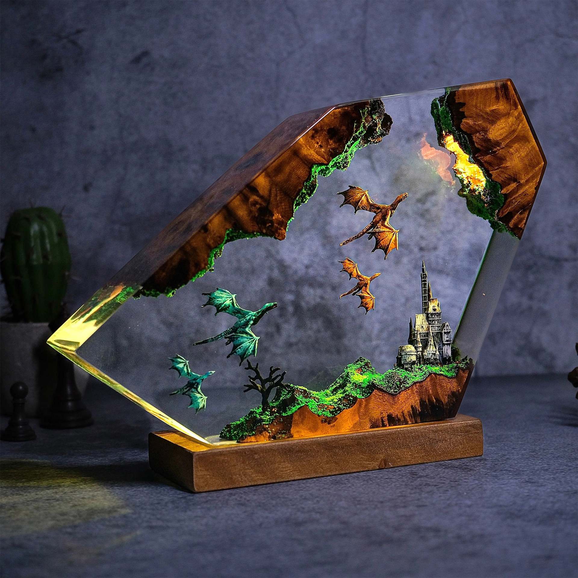 Resin Lamp Epoxy Dragon And Castle Handmade Resin Lamp Halloween Gift_maomaolike.com