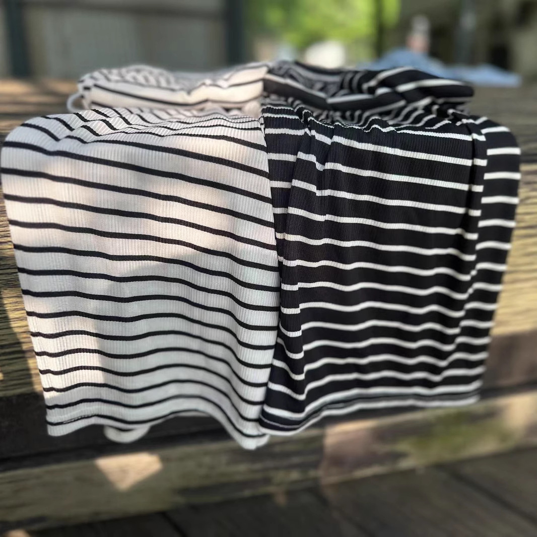 Pantalones anchos a rayas en blanco y negro para mujer, nuevos pantalones de caída de seda de hielo de todo fósforo de cintura alta, pantalones casuales de trapeador con cordón suelto delgado