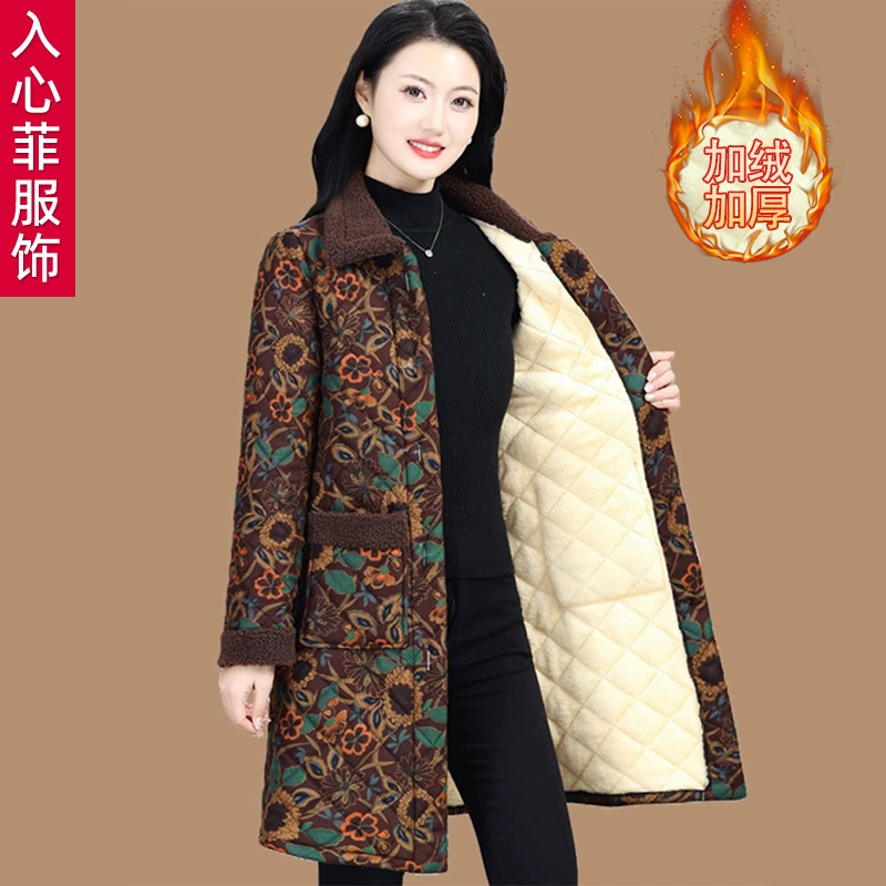 Женщины среднего и пожилого возраста хлопчатобумажная одежда толстая мама зимняя новая средняя длинная цветочная хлопчатобумажная куртка бабушки куртка плюс бархат
