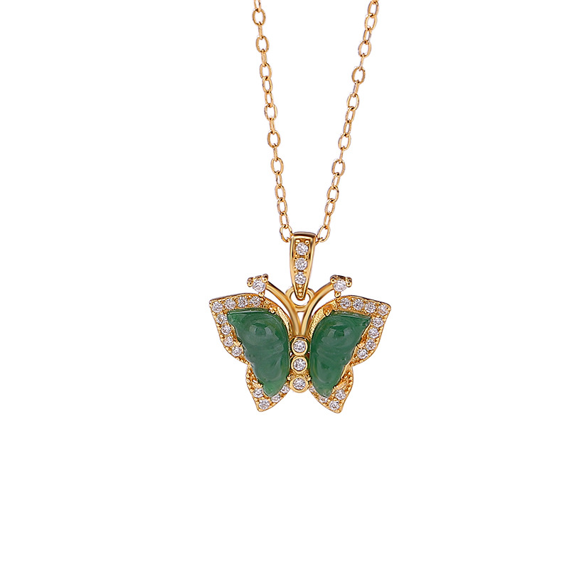 Mặt dây chuyền bạc S925 hình bướm đính đá Emerald tự nhiên phong cách Trung Quốc — Màu bạc (mặt dây chuyền đơn - không bao gồm dây chuyền)