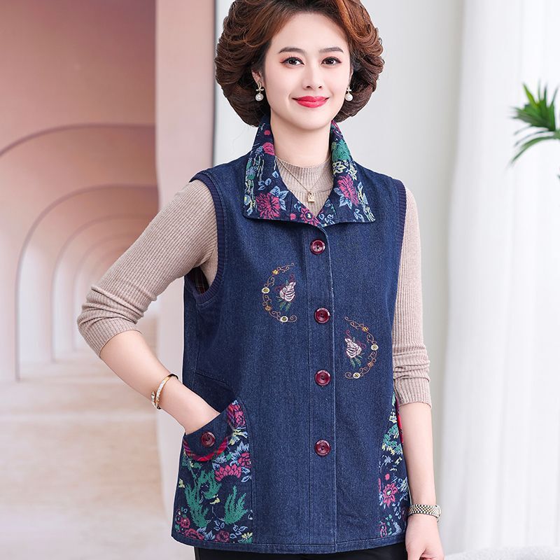 Middle-Aged and Elderly Women's Spring and Autumn Denim Vest, Large Size Embroidered Jacket, Grandma's Loose-Fitting Vest, Mother's Clothing