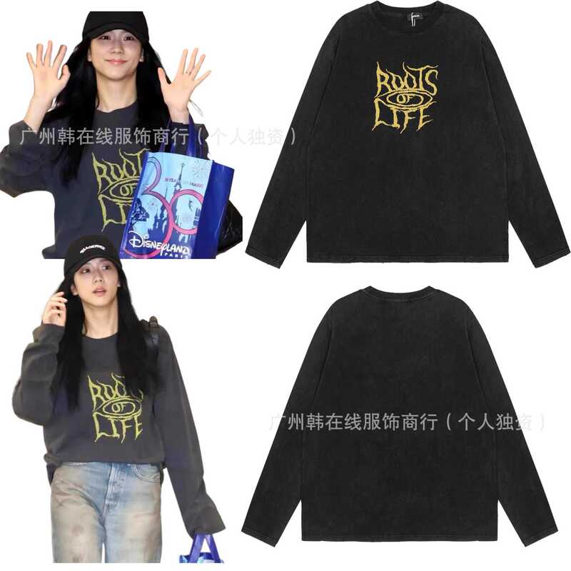 Kim Ji-Soo's Same Style Printed Long-Sleeved T-Shirt, Heavy-Duty Washed and Distressed Design, Same Style for Men and Women