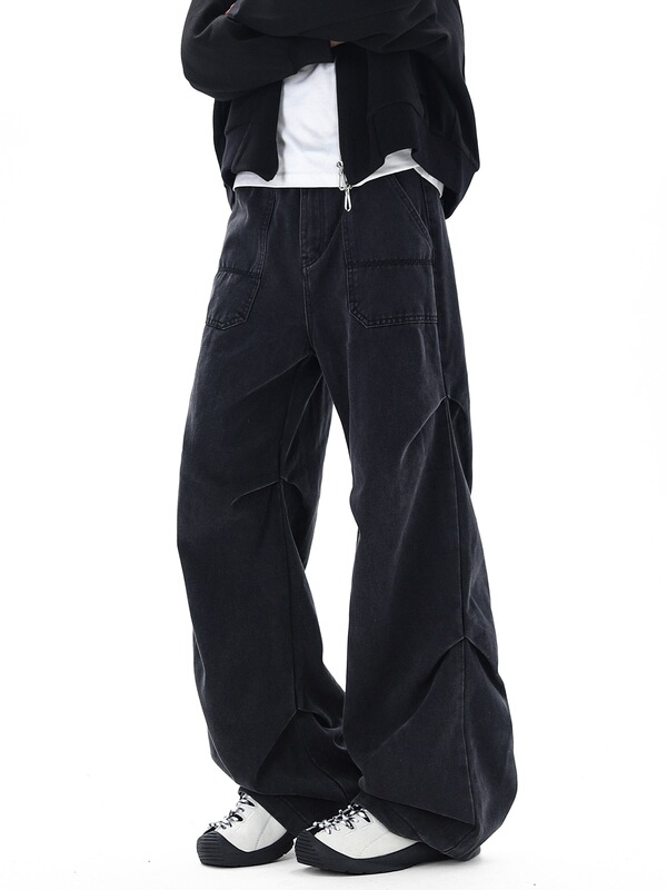 Heavy-Duty Vintage Workwear Pants for Men, Spring and Autumn Couple's down Vest, Loose Pleated High Street Vibe Casual Denim Trousers