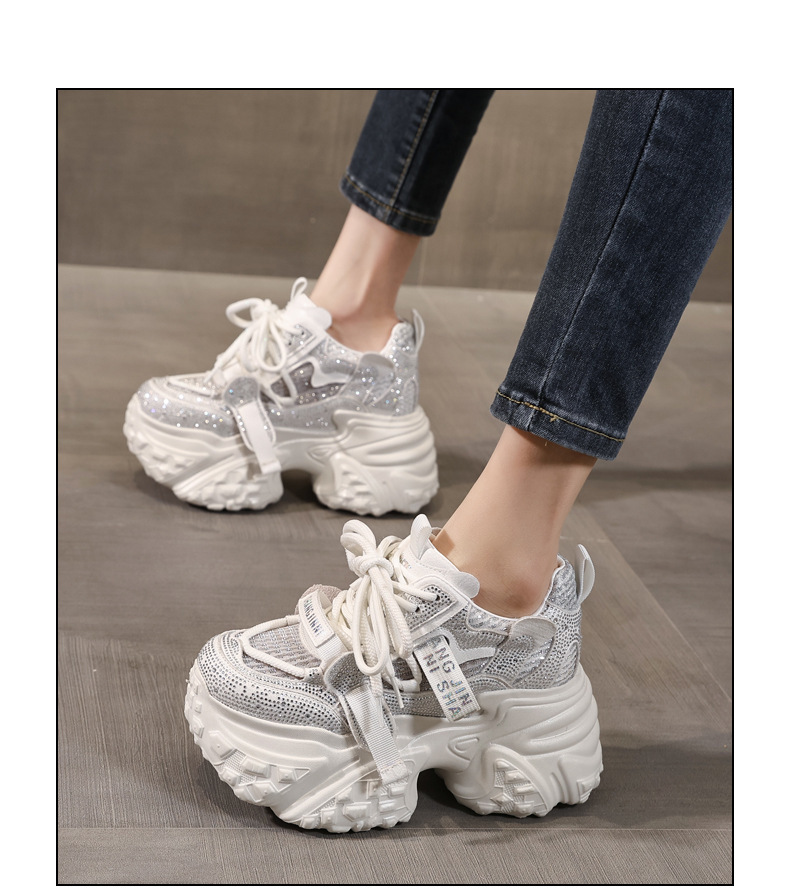 Giày sneaker nữ đế dày tăng chiều cao đính đá lưới thoáng khí — màu trắng chi tiết 15