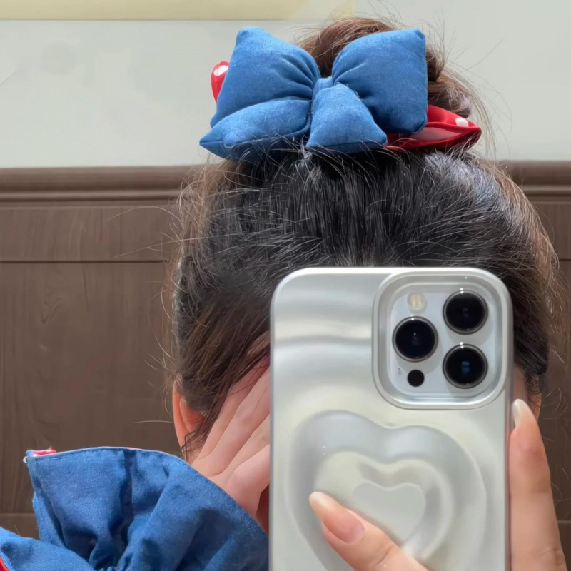 复古红波点牛仔发饰气质少女蝴蝶结发圈头绳手作大肠圈头饰发饰品|undefined