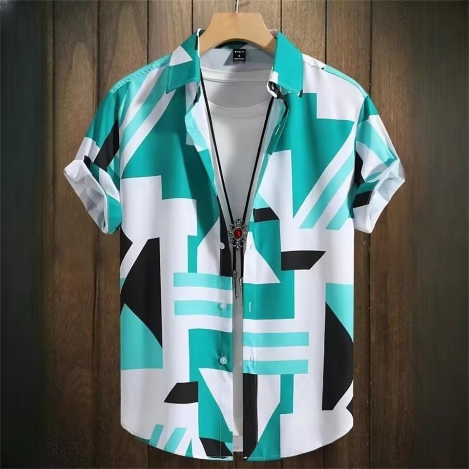Camisa hawaiana de solapa de un solo pecho de manga corta suelta para hombre, estampado geométrico simple en color de contraste 3D