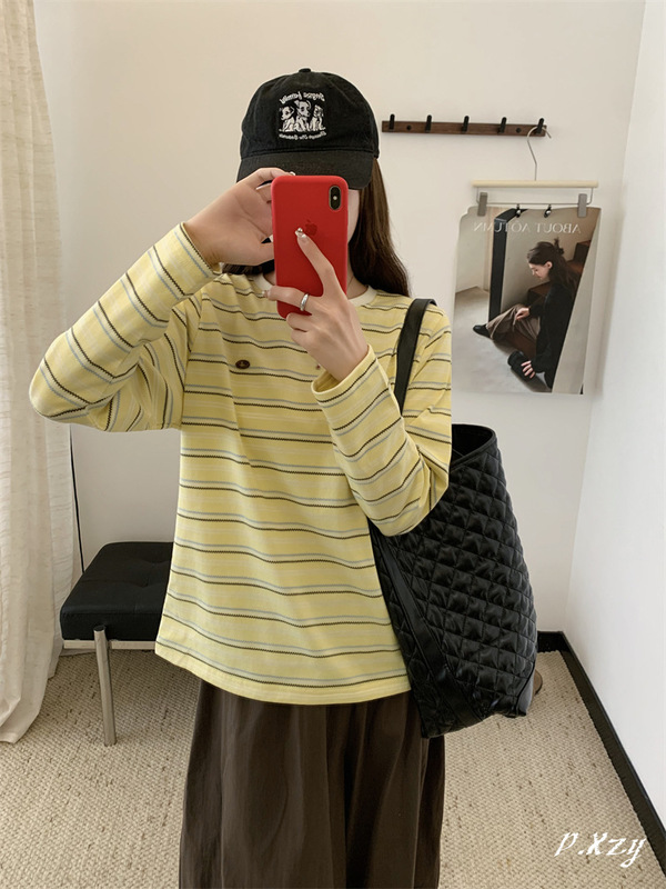 020秋季2025新款慵懒风条纹小标上衣中长款条纹长袖打底衫女士T恤|undefined