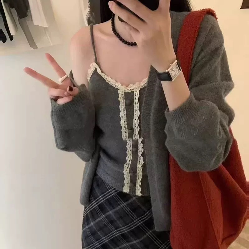 韩系百搭纯色长袖毛衣开衫女秋冬季新款叠穿蕾丝花边针织吊带套装|undefined