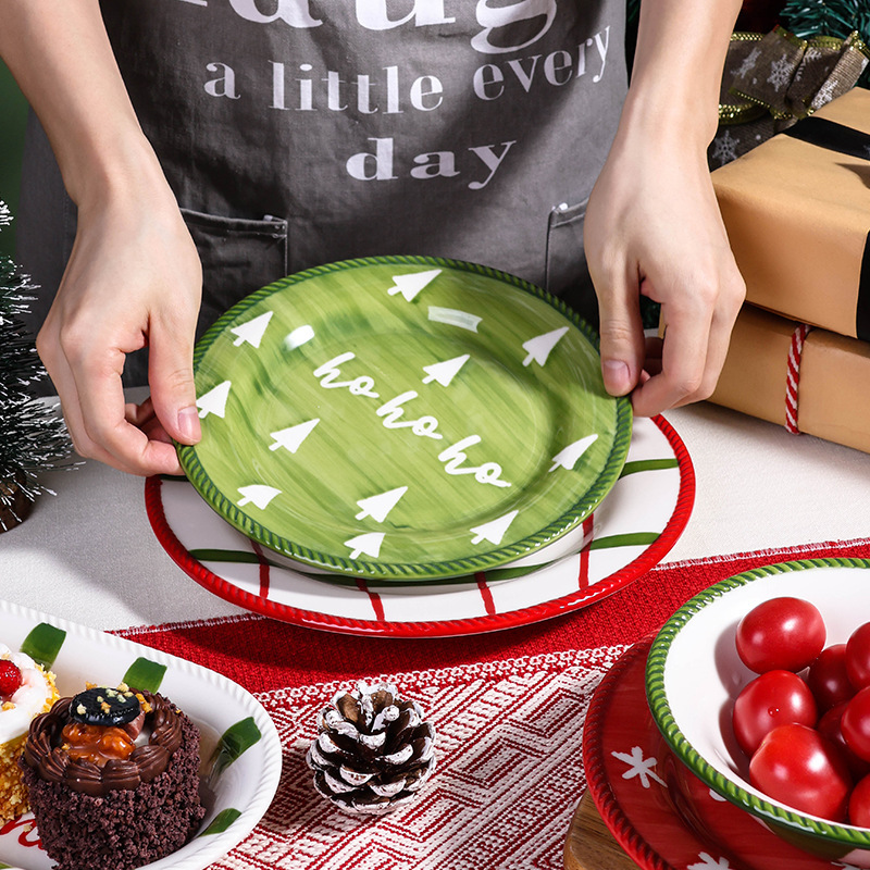Christmas tableware creative cute cartoon Christmas dinner plate household ceramic dish underglaze color hand painted plate suit d