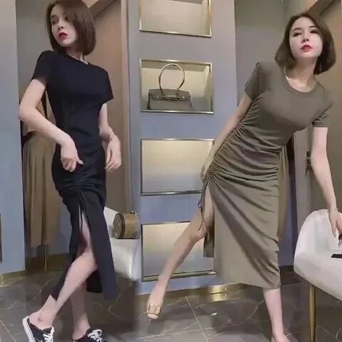 2025 New Summer Elastic Slim Fit Arm-Tie Side Slit Long Dress Women's Short-Sleeved T-Shirt Drawstring Skirt 2025 New Summer Elastic Slim Fit Arm-Tie Side Slit Long Dress Women's Short-Sleeved T-Shirt Drawstring Skirt