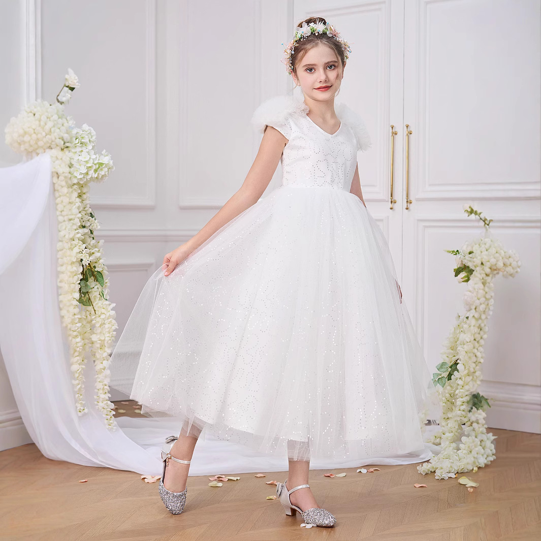Nuevo vestido transfronterizo, vestido de princesa, manga abullonada, vestido de fiesta para niñas, vestido de actuación, vestido de falda de gasa hinchada con lazo
