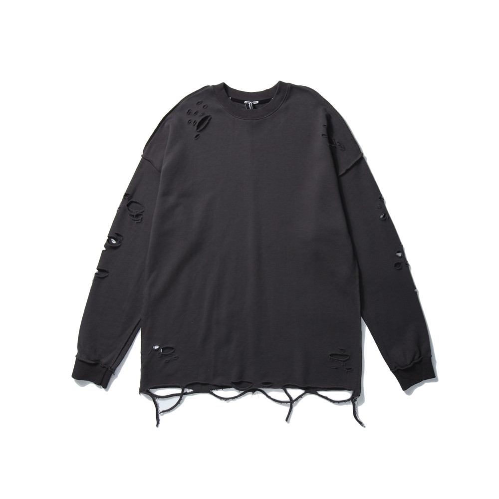 Vibe Style Solid Color Simple Distressed Sweatshirt Long Sleeve Men's Ins American Trendy Brand Loose Round Neck_voghion.com