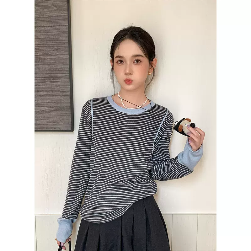 衣尔衫 很耐看 羊毛条纹撞色针织衫女宽松新款松弛感圆领长袖0565