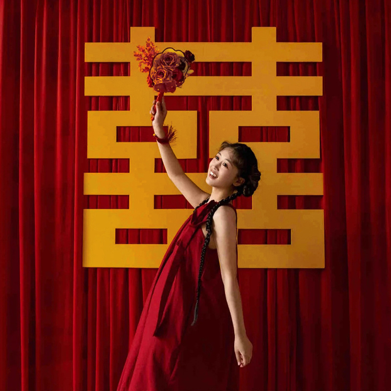 Wedding Site Arrangement Vintage wine red Curtain Wedding Character Photo Background Cloth Wedding Red Cloth Golden Wedding Character