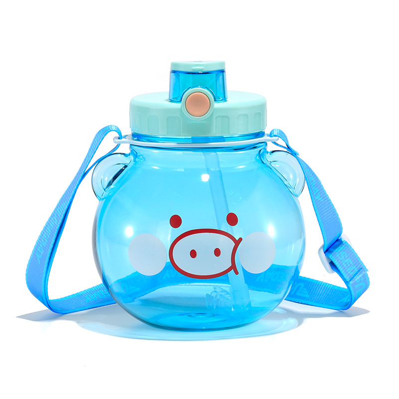 Linda taza de agua infantil con pajita de dibujos animados, taza de plástico con forma de cerdo, súper adorable con correa y tapa emergente, taza de gran capacidad.