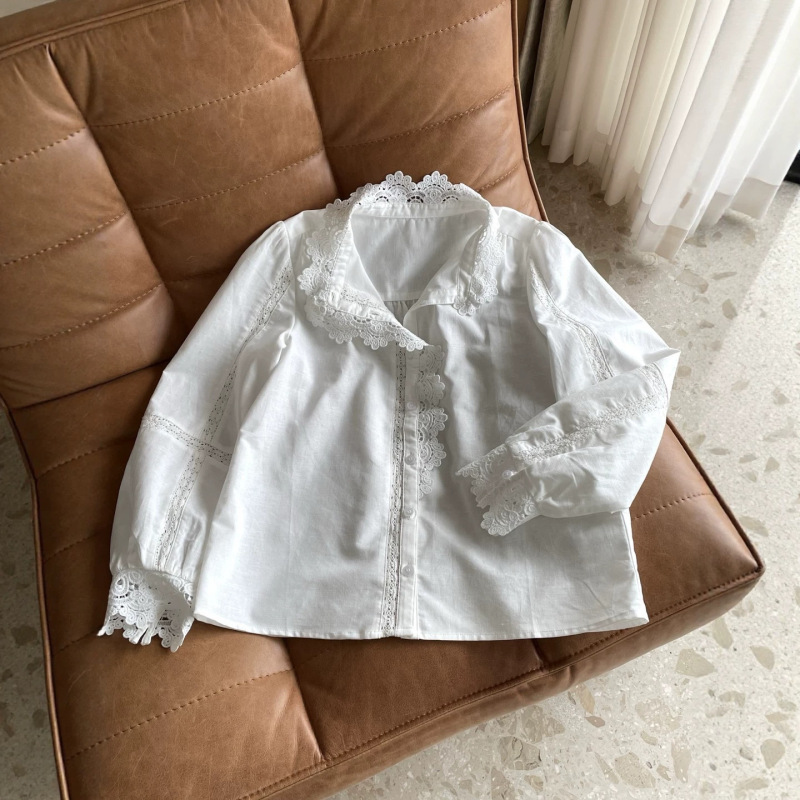 2026 Spring and Autumn New French Court Style Embroidered Lace Stand Collar Lantern Sleeve White Cotton Long Sleeve Shirt