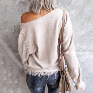product - wholesale Women V neck Tassel Hem Loose Pullover Women Autumn Winter Bottoming Sweater - 3
