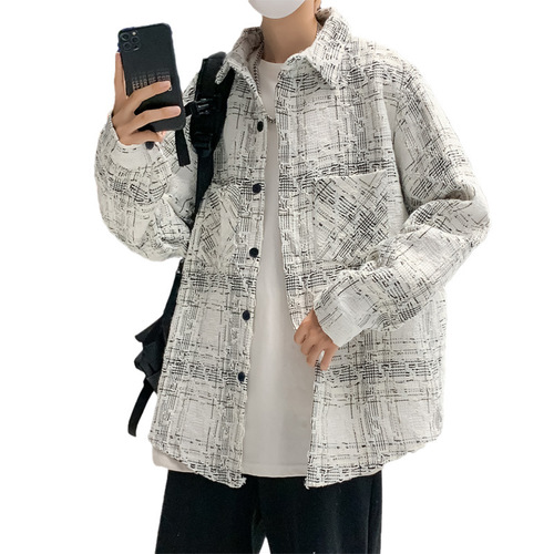 Men's Small Floral Collar Checkered Blazer Jacket, 24th Autumn, Versatile Loose Casual High-End Shirt for Boys