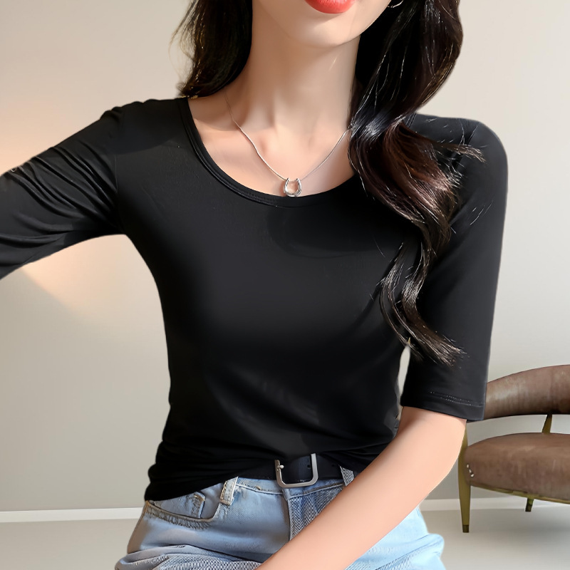 ブラックモーダルミッドスリーブTシャツレディース半袖春夏薄手ローネックスリムフィット五分袖ボトムインナートップ|undefined