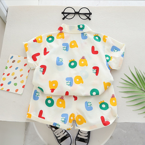 Children's Breathable Short-Sleeve Summer Outfit Set for Boys, Including Shirt and Shorts, Korean Style, Floral Pattern, Two-Piece Set