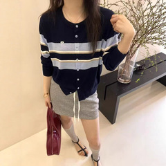 2025早秋新款韩版宽松显瘦条纹针织开衫女装长袖百搭薄款套头上衣