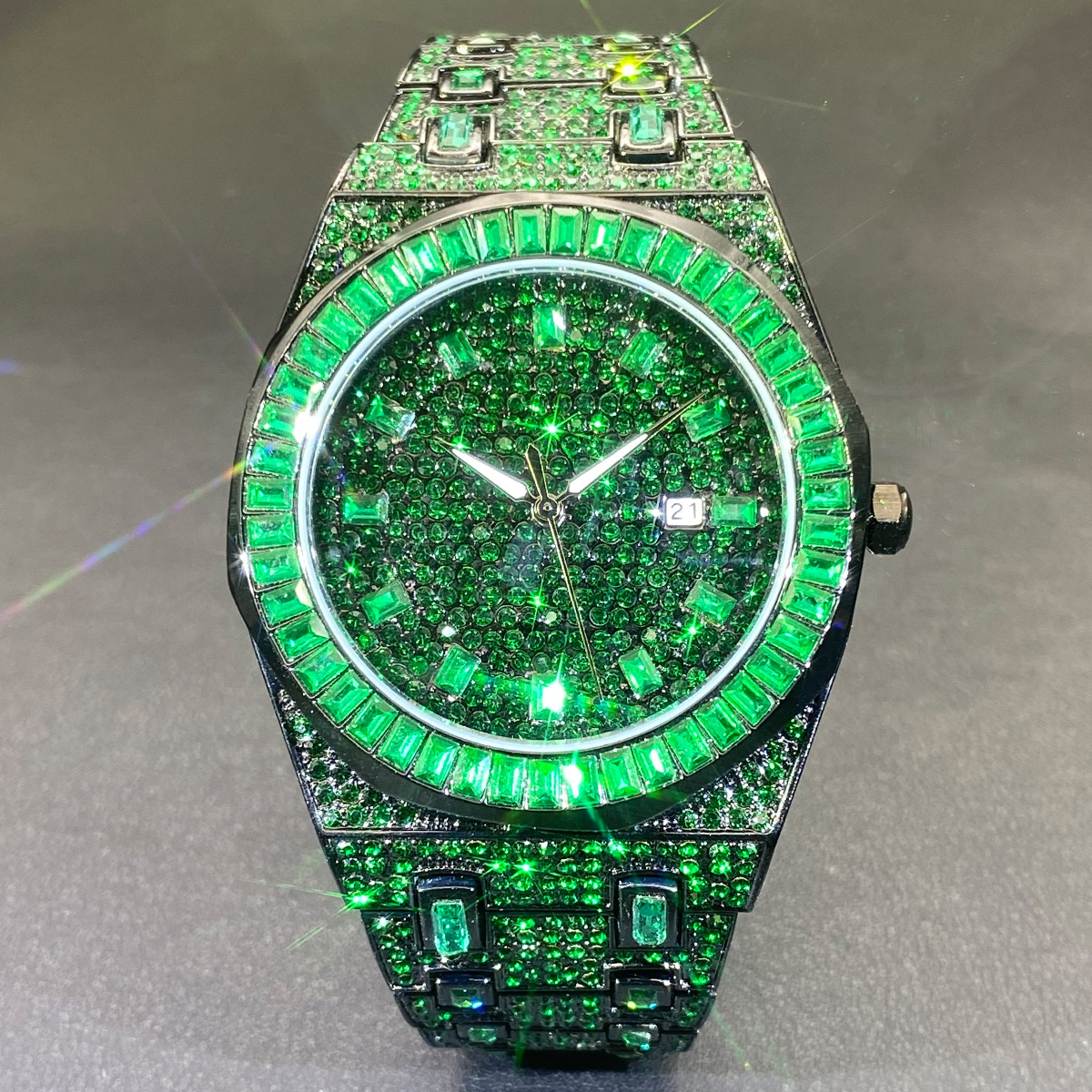 Hip Hop Men's Quartz Watch Brand High Grade Dating Iced Out Clock Men's Fashion Green Full Rhinestone Wristwatch