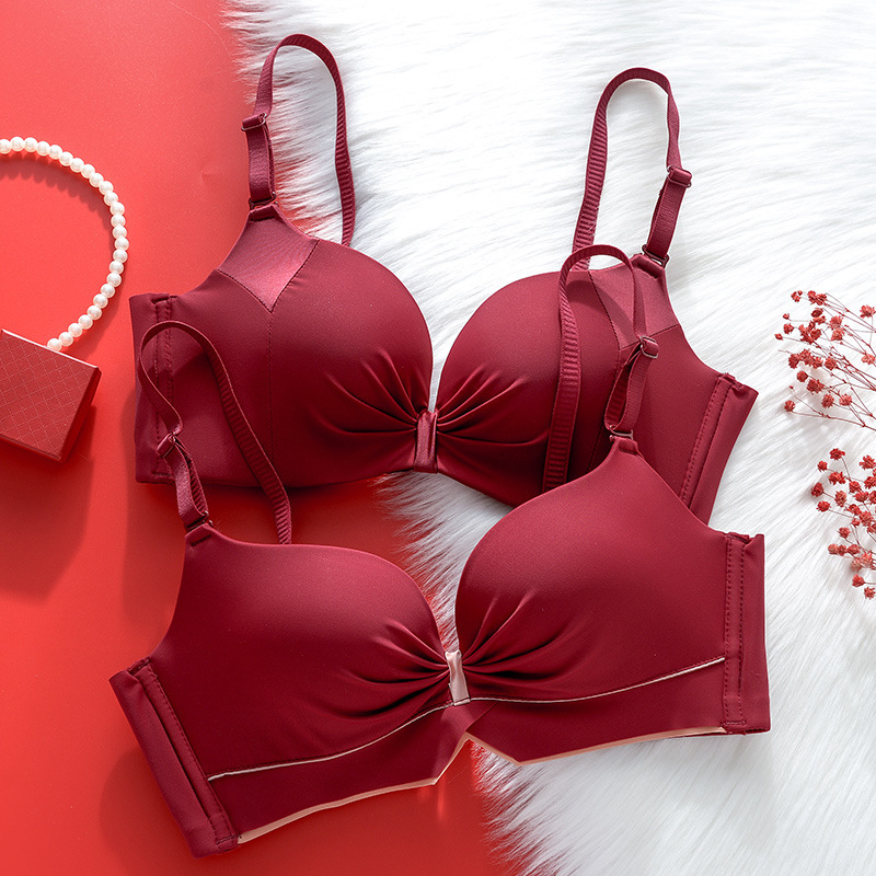 Red Wedding Bridal Festive Lingerie Set for Women, Small Bust Push-Up, Sexy Seamless Wireless Bra Set